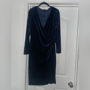 Lauren Ralph Lauren Velvet Wrap Ruched Midi Dress Navy Blue Long Sleeve Sz 10